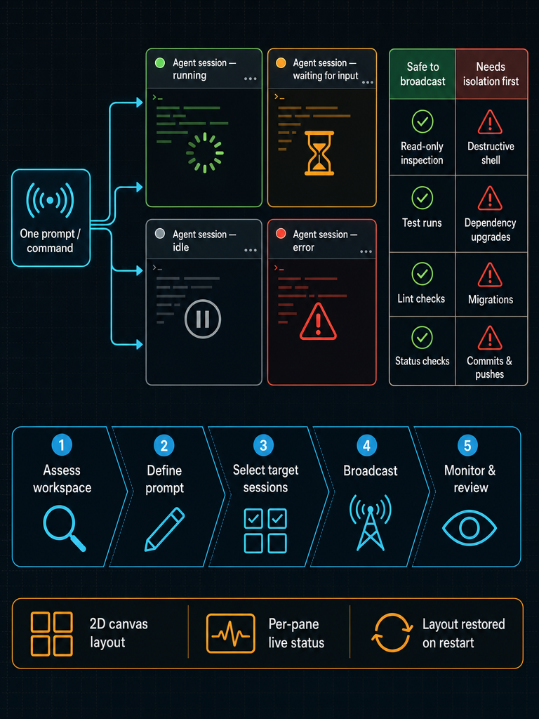 Broadcast One Prompt to Every Agent: How Parallel AI Coding Actually Works infographic