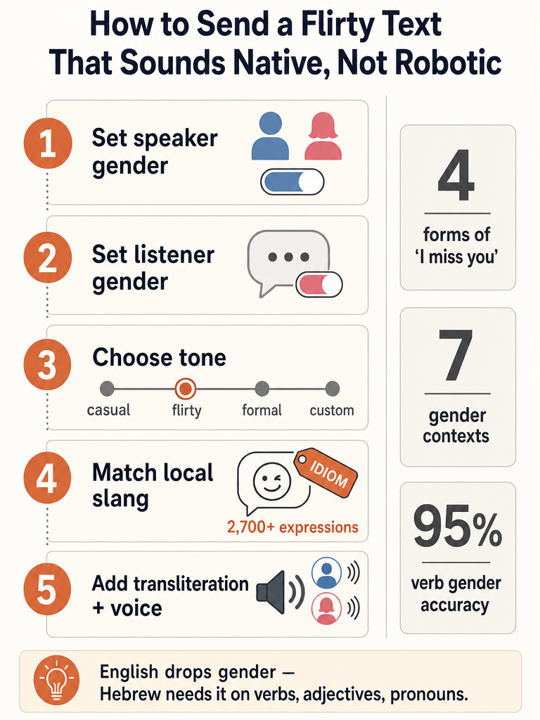 English to Hebrew Translator for Flirty, Natural Texts infographic