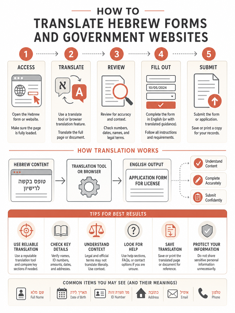 How to Translate Hebrew Forms and Government Websites infographic