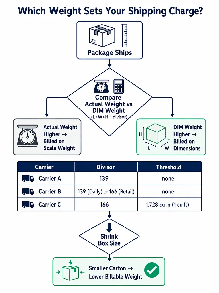 DIM Weight vs Actual Weight: How Carriers Charge infographic