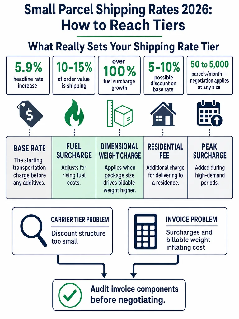 Small Parcel Shipping Rates 2026: How to Reach Tiers infographic