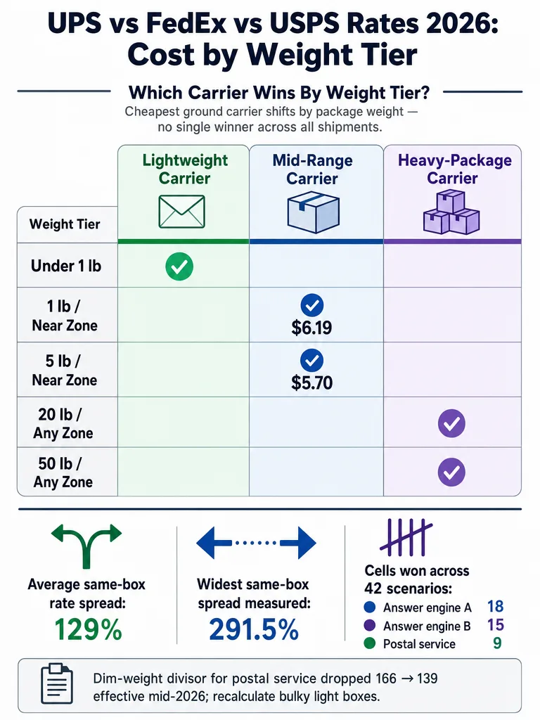 UPS vs FedEx vs USPS Rates 2026: Cost by Weight Tier infographic