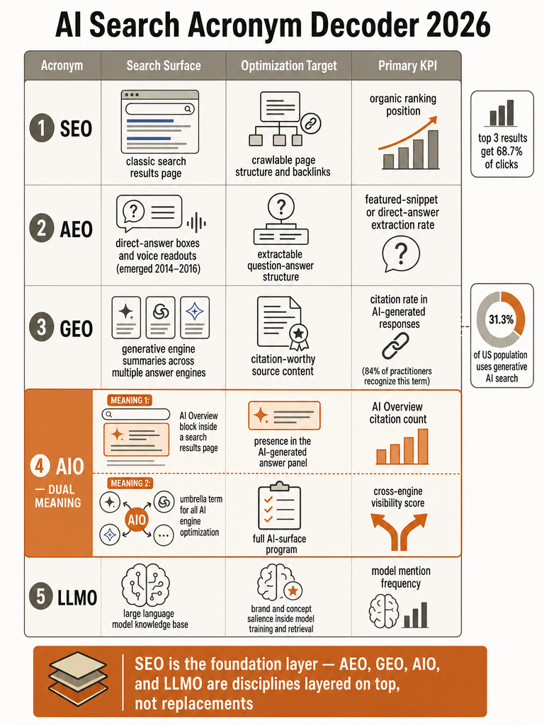 AEO vs GEO vs LLMO vs AIO vs AISO: The 2026 Acronym Decoder infographic