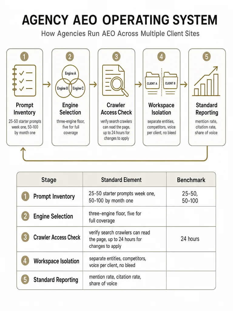 How Agencies Run AEO Across Multiple Client Sites infographic