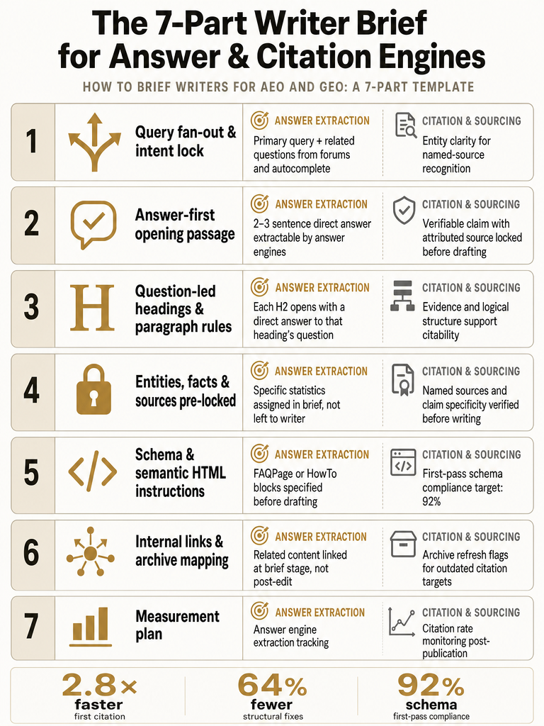 How to Brief Writers for AEO and GEO: A 7-Part Template infographic