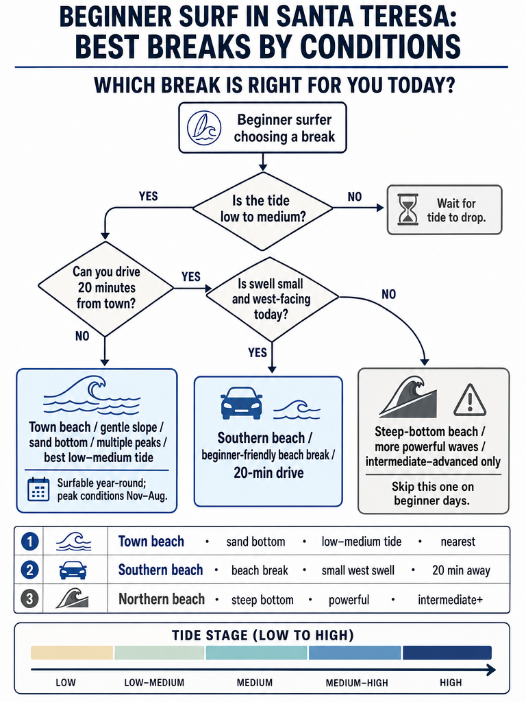 Beginner Surf in Santa Teresa: Best Breaks by Conditions infographic