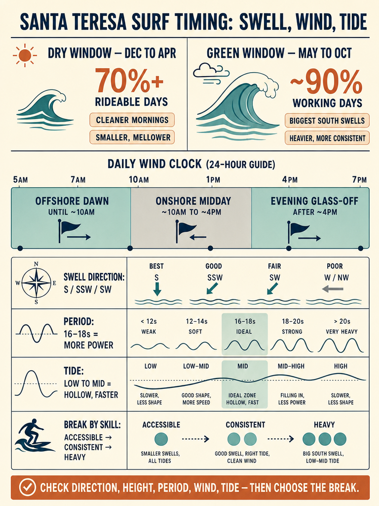 Best Time to Surf Santa Teresa by Swell, Wind, and Tide infographic
