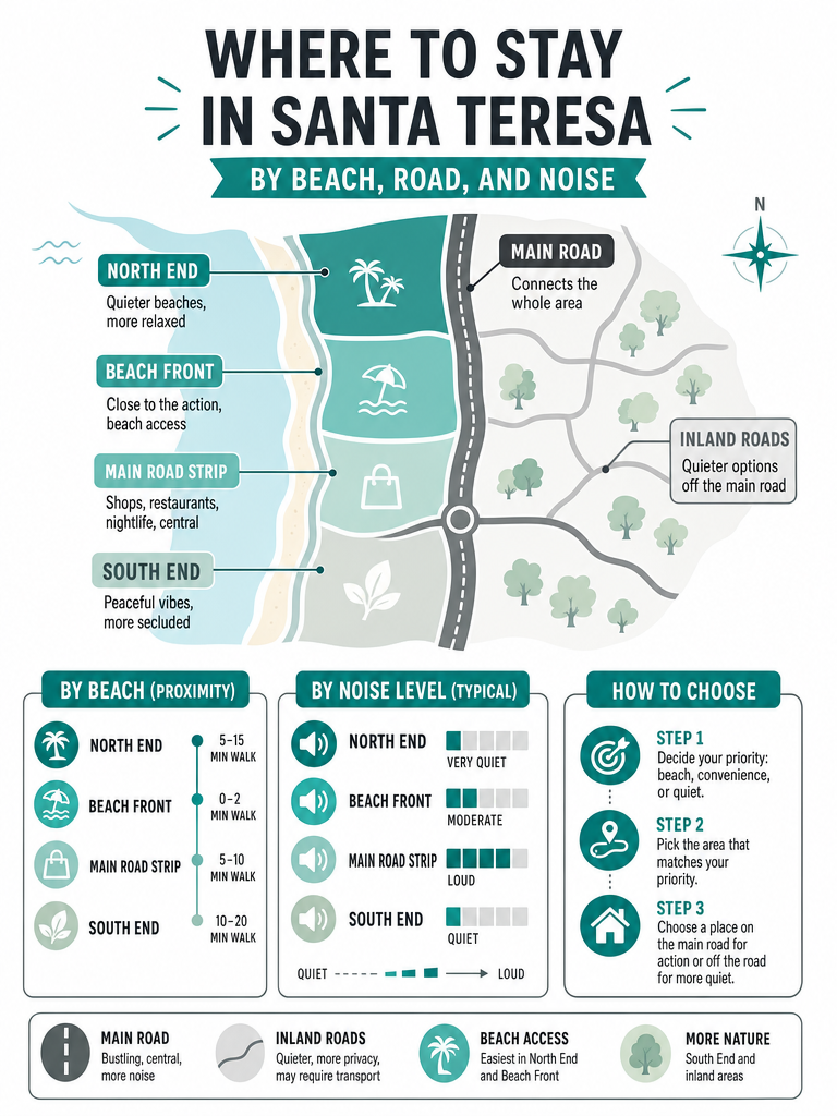 Where to Stay in Santa Teresa by Beach, Road, and Noise infographic