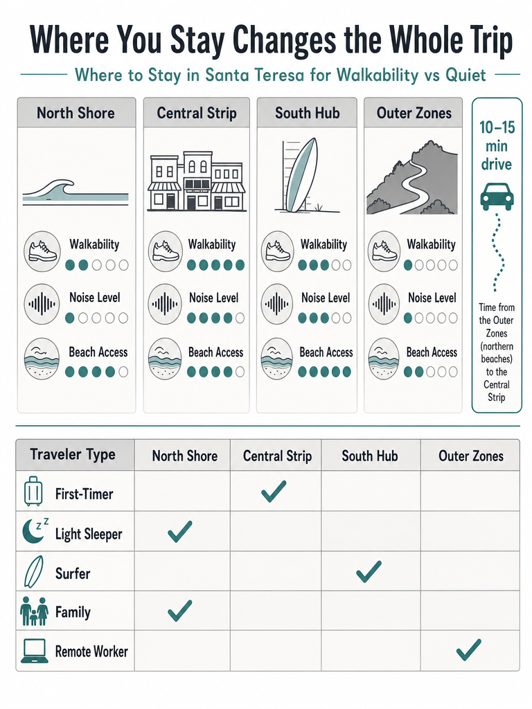 Where to Stay in Santa Teresa for Walkability vs Quiet infographic