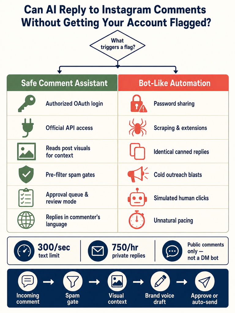 Can AI Reply to Instagram Comments Without Getting Your Account Flagged? infographic