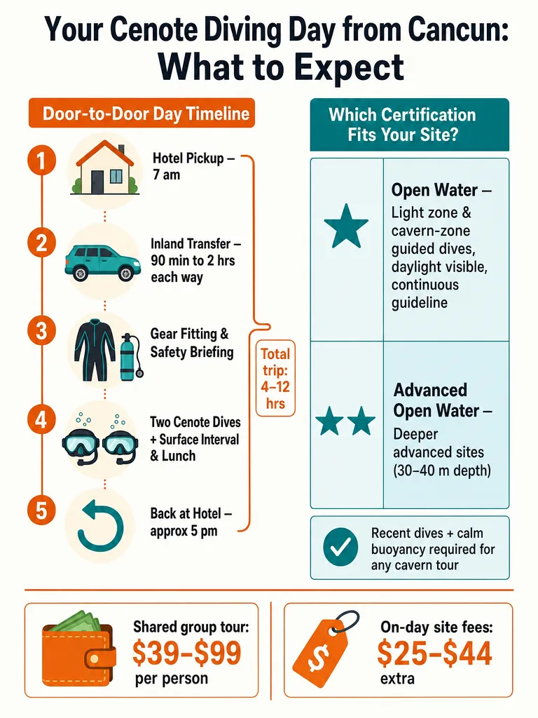 Cenote Diving Cancun: Day Trip Costs and Travel Time infographic