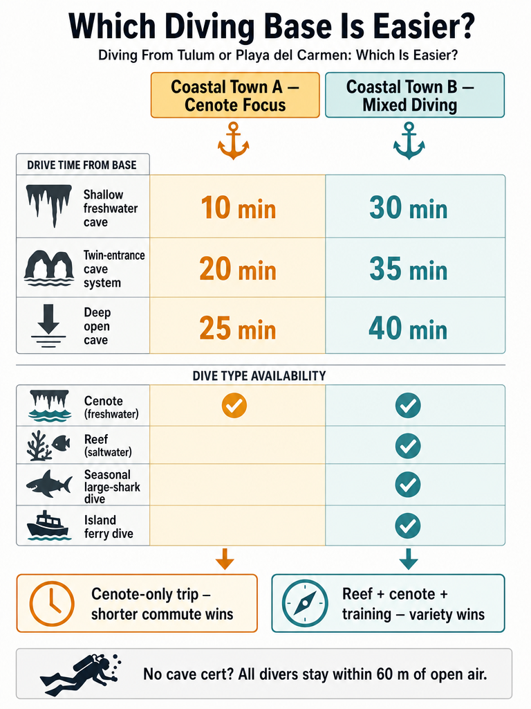 Diving From Tulum or Playa del Carmen: Which Is Easier? infographic