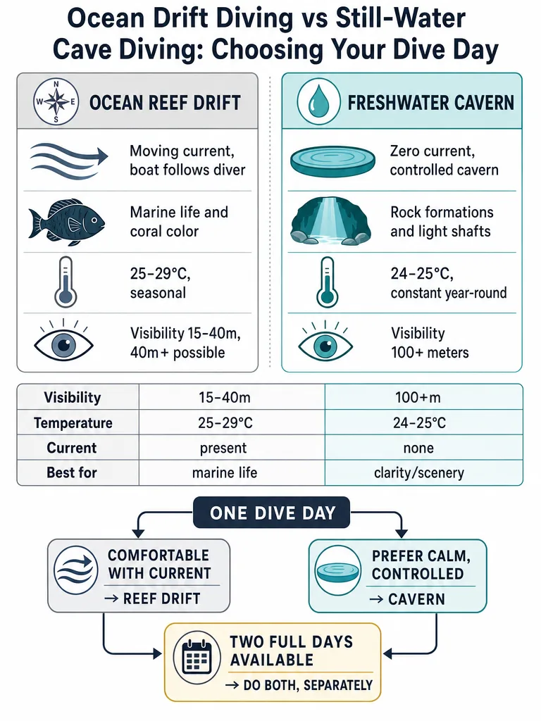 Diagram: Drift Diving in Cozumel vs Still Water in Cenotes