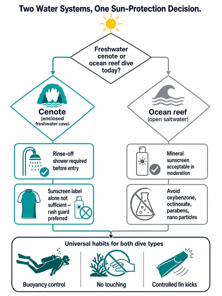 Reef-Safe Habits for Cenote and Ocean Dive Days infographic