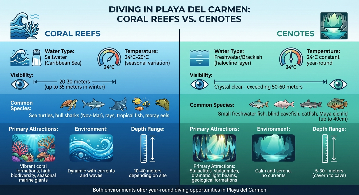 Coral Reefs vs Cenotes: Complete Diving Comparison in Playa del Carmen