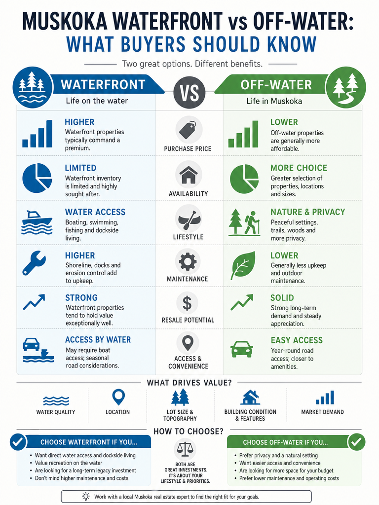 Muskoka Waterfront vs Off-Water: What Buyers Should Know infographic